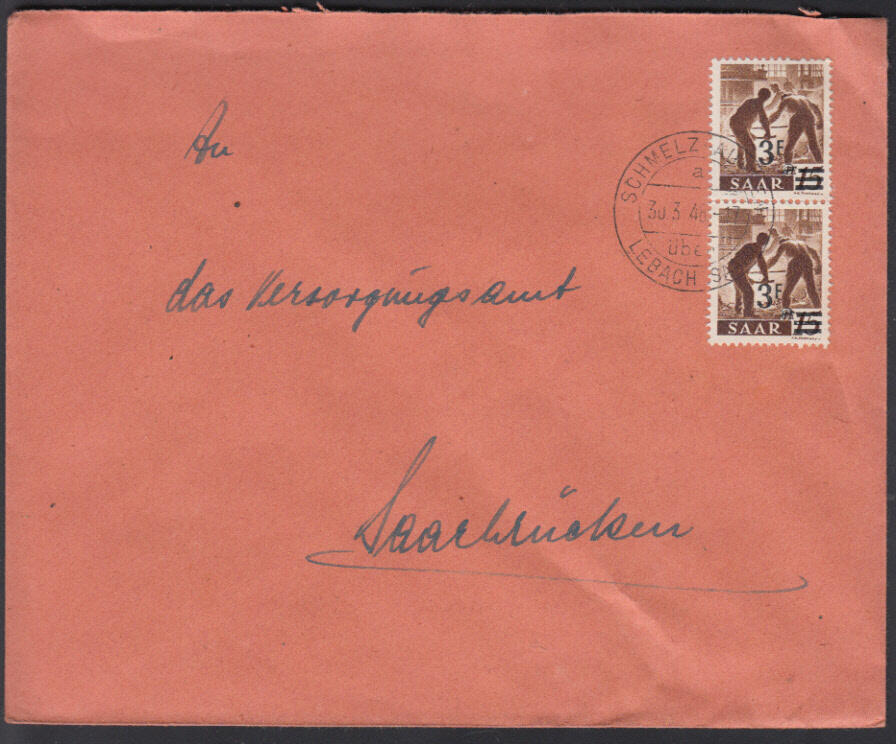 3 Fr. auf 15 Pf. Überdruck, senkr. Paar auf portor. Brief ...