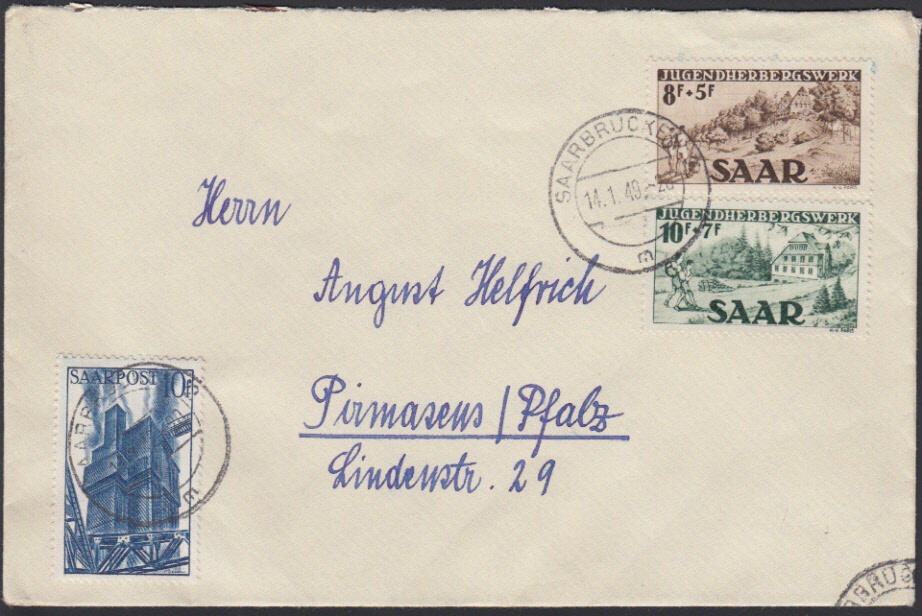 Jugendherbergswerk 1949, beide Werte mit 10 Fr. Saar III auf Brief ab ...