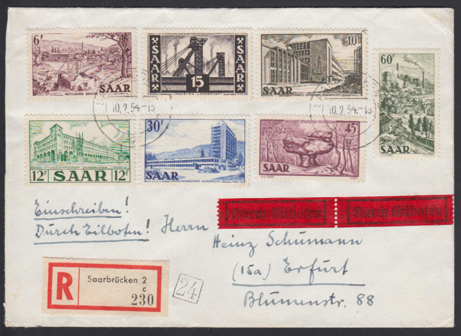 SAARBRÜCKEN 2 / 10.2.54, Eil-Ebf. in die SBZ (Tarif 176 Fr. für 41 ...