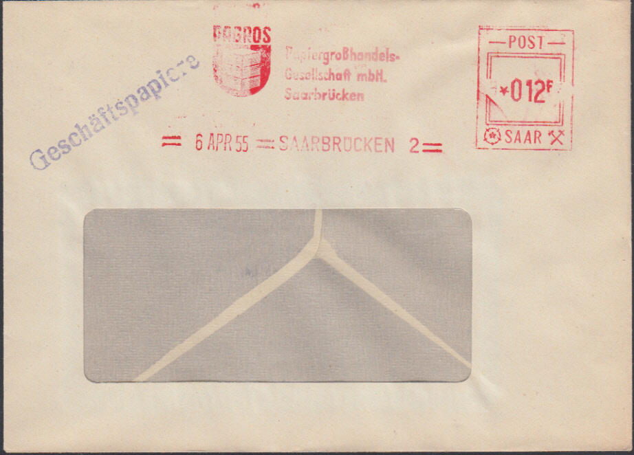 SAARBRÜCKEN 2 / 6 APR 55, SATAS-Absenderfreistempel der PAGROS - ...