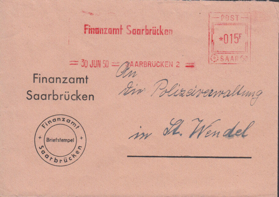 SAARBRÜCKEN 2 / 30 JUN 50, SATAS-Absenderfreistempel des Finanzamtes ...
