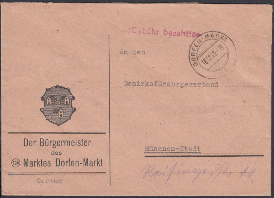 DORFEN-MARKT / 18.12.45, roter Setzkastenstempel auf ...