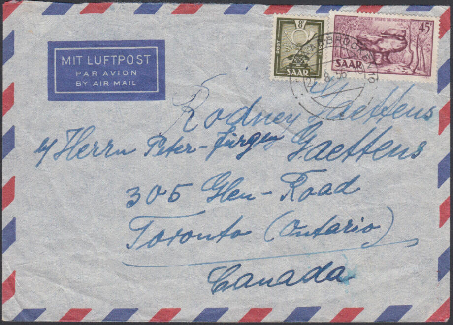 SAARBRÜCKEN 10 / 27.8.56, Übersee-Luftpostbrief nach Kanada (bis 5 ...