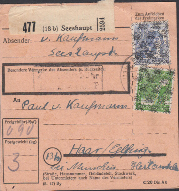 SEESHAUPT / 30.6.48, Paketkarte mit 10 und 80 (kl. Eckmangel oben ...