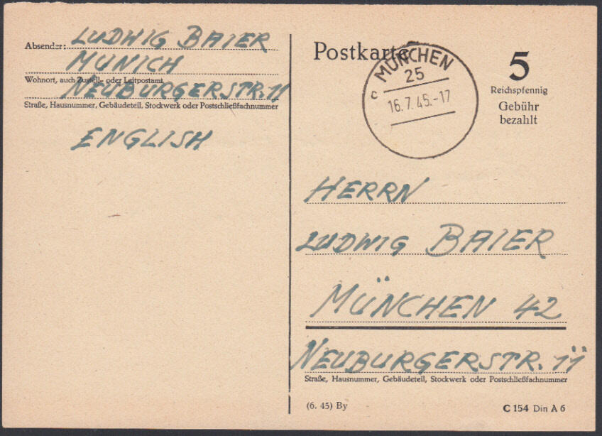 MÜNCHEN 25 / 16.7.45, Behelfsganzsache 5 Pf. der RPD München im ...