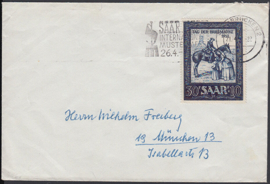 30 + 10 Fr. Tag der Briefmarke 1952 einzeln auf portor. Brief mit ...