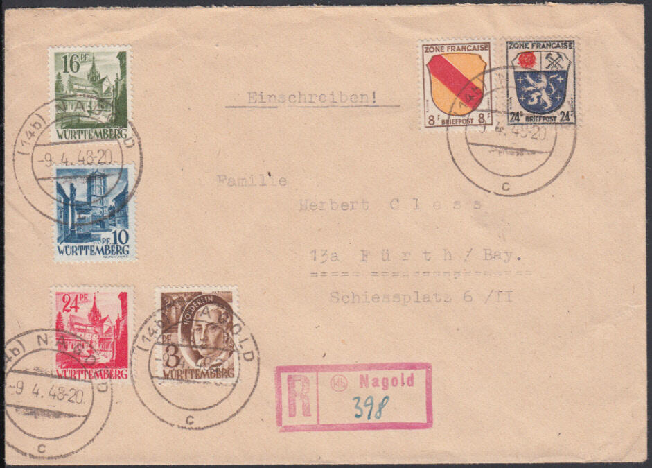(14b) Nagold, klarer roter R-Stempel auf Ebf. mit 8 und 24 Pf. Wappen ...
