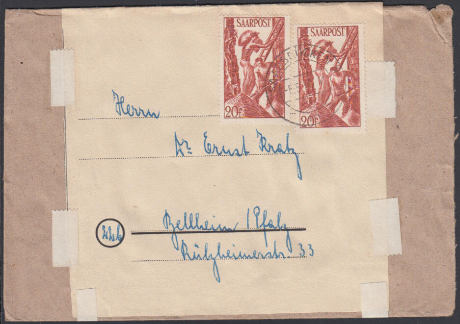 20 Fr. Ausgabe 1948, 2 Werte auf portor. Doppelbrief in die Pfalz ab ...