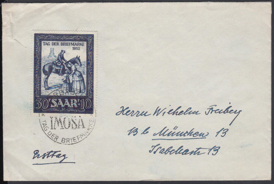 30 + 10 Fr. Tag der Briefmarke 1952 einzeln auf portorichtigem Brief ...