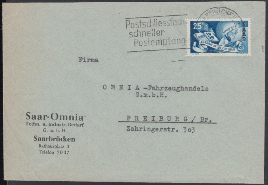 25 Fr. Europarat einzeln auf portor. Brief nach Freiburg mit Masch ...