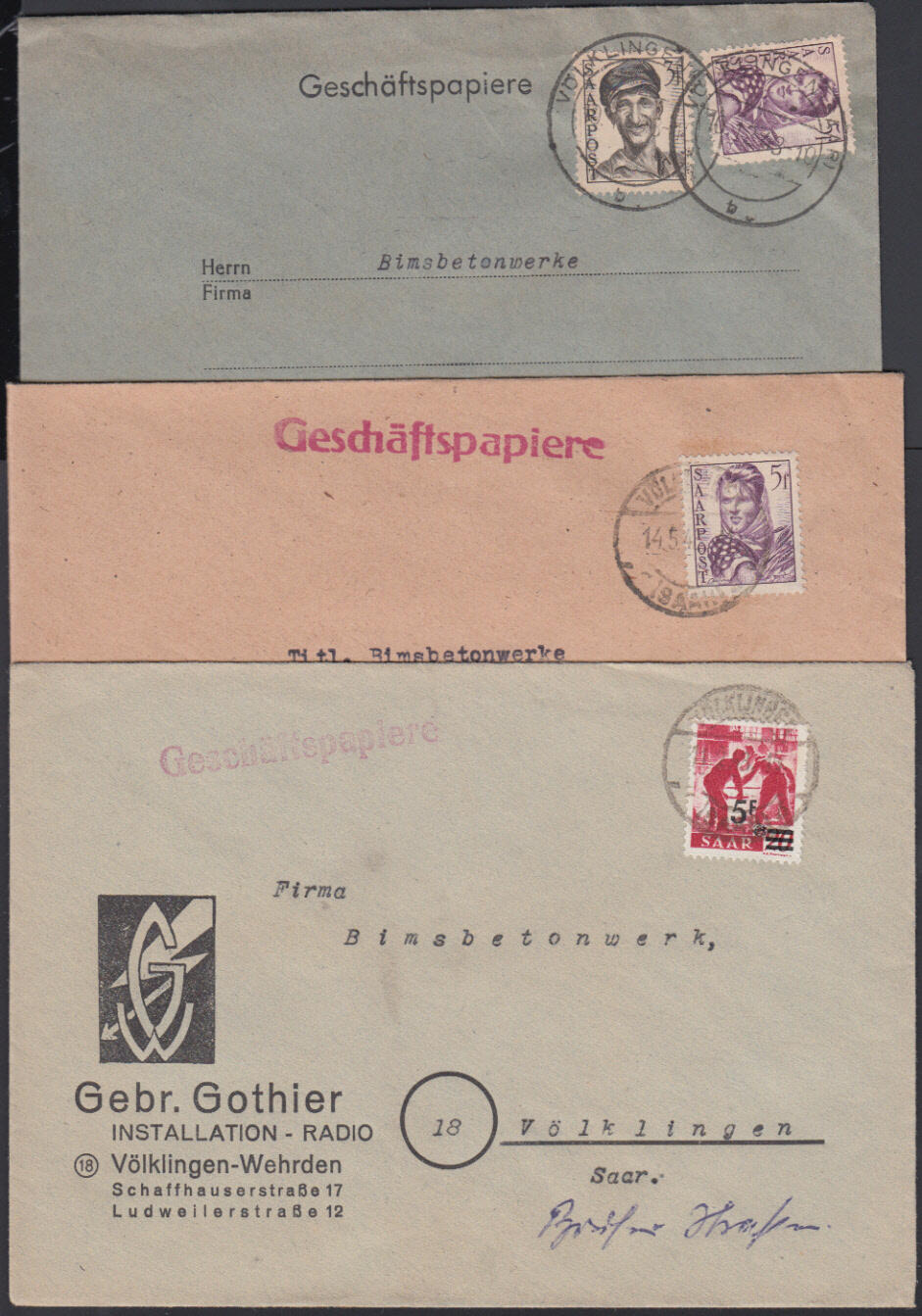 Geschäftspapiere, 3 Umschläge innerhalb Völklingens mit 5 Fr. Saar ...