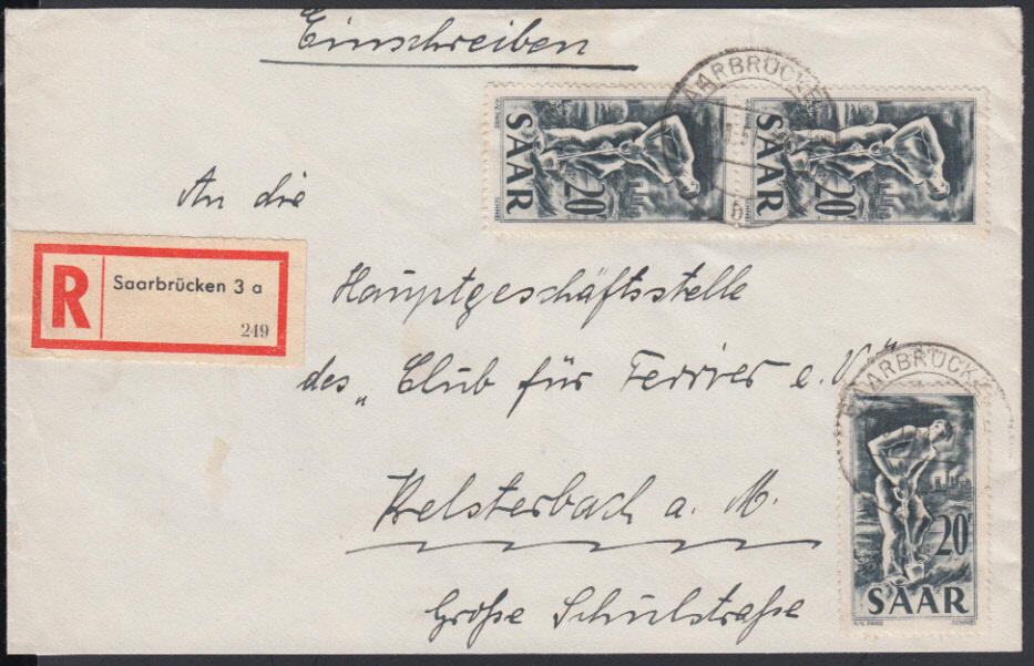 20 Fr. Saar IV Ausgabe 1949, drei Werte (senkr. Paar und ...