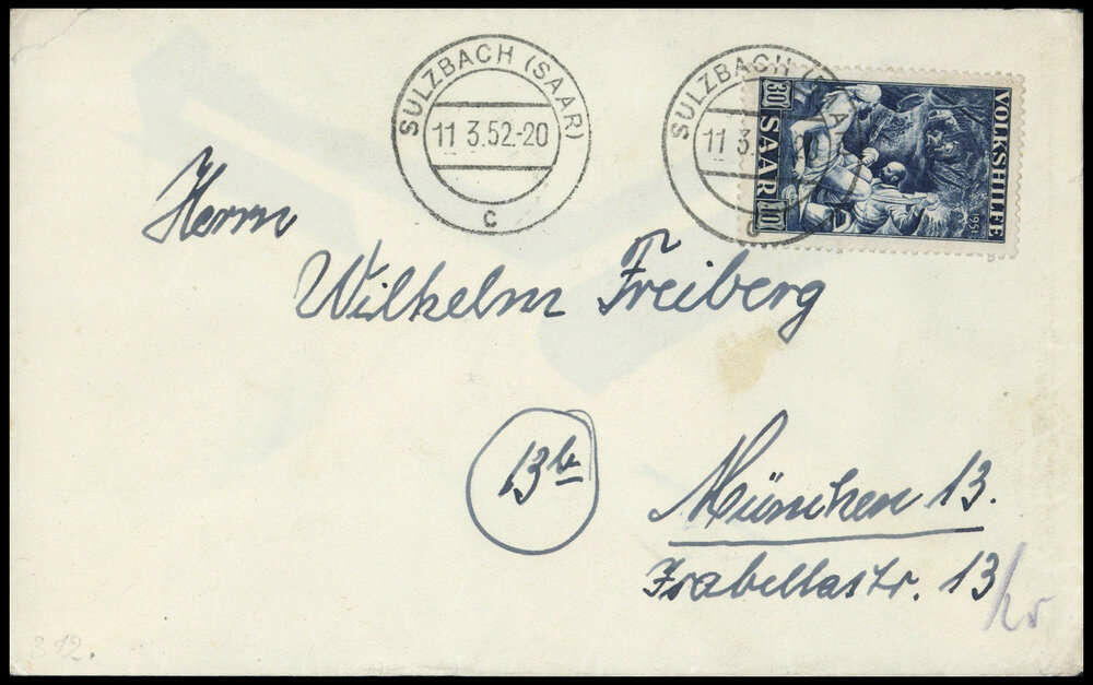 30 Fr. Volkshilfe 1951 einzeln auf portor. Brief nach München mit 2 ...