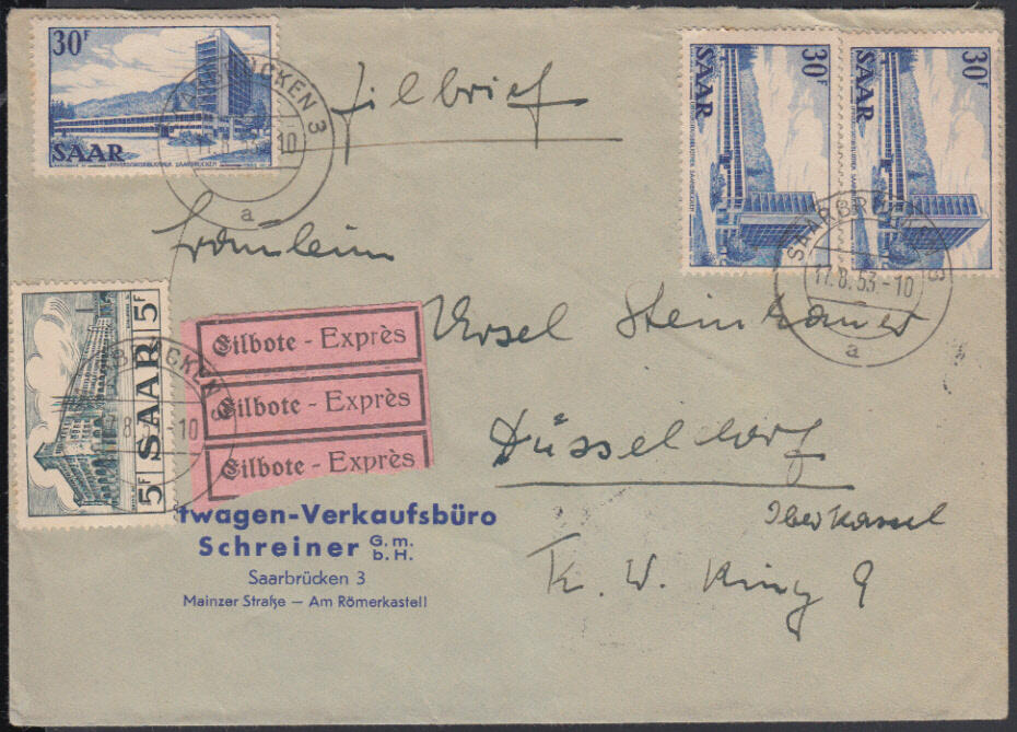 SAARBRÜCKEN 3 / 17.8.53, Firmen-Eilbrief nach Düsseldorf mit 5 und ...