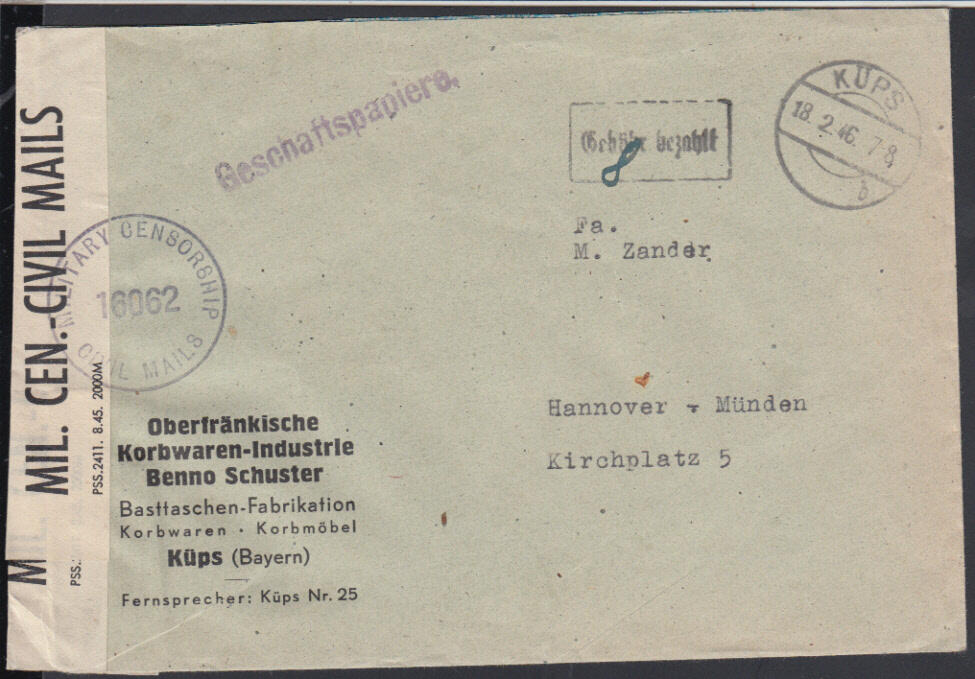 KÜPS / 18.2.46, alter Steg-K1 mit schwarzem R1 'Gebühr bezahlt' ...