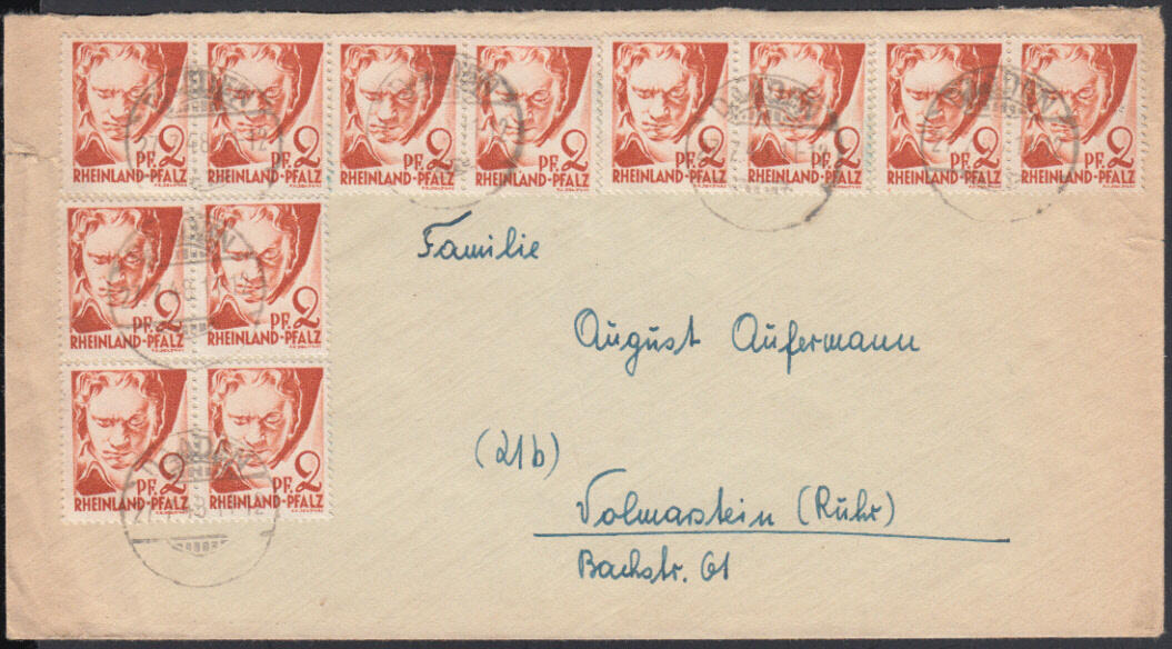 2 Pf. Beethoven orange, 12 Stück in 6 waager. Paaren auf Brief ...