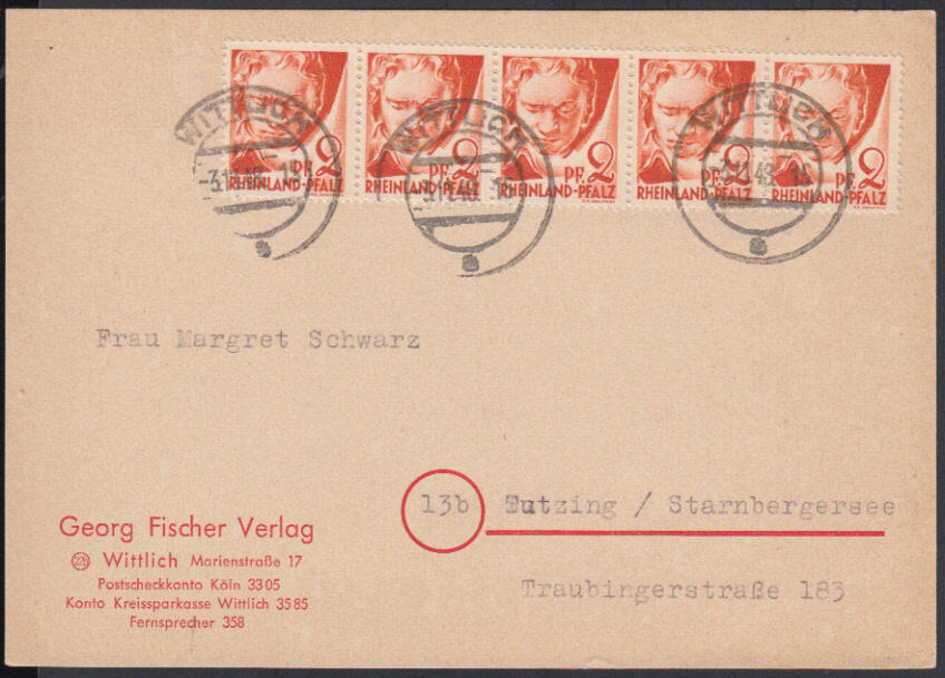 2 Pf. Beethoven 2. Ausgabe, waager. Fünferstreifen noch ohne NOB auf ...