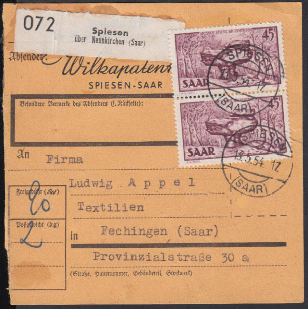 45 Fr. Saar IV, senkr. Paar vorderseitig auf Inlands-Paketkarte ...
