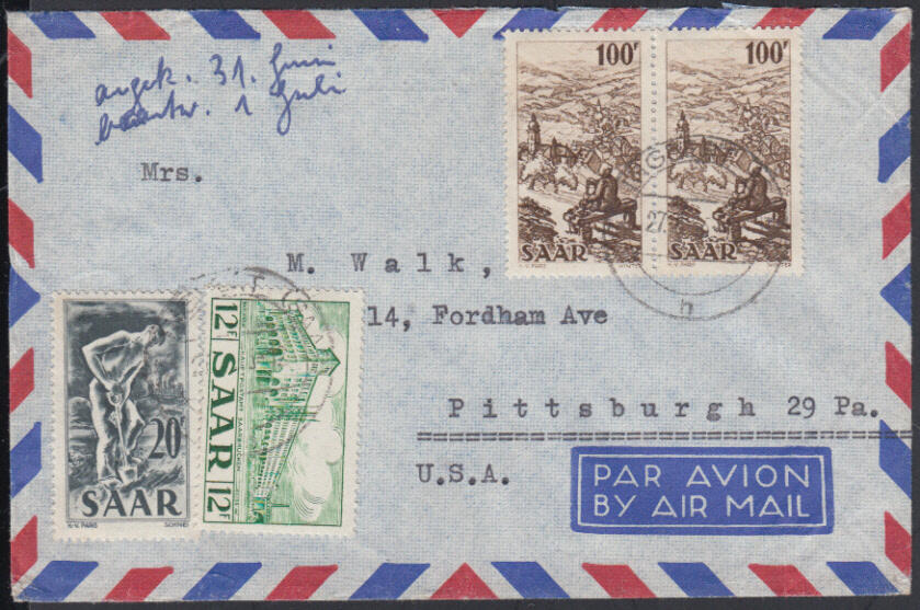 ST. INGBERT (SAAR) / 27.6.55, Luftpostbrief in die USA (36 - 40 g., ...