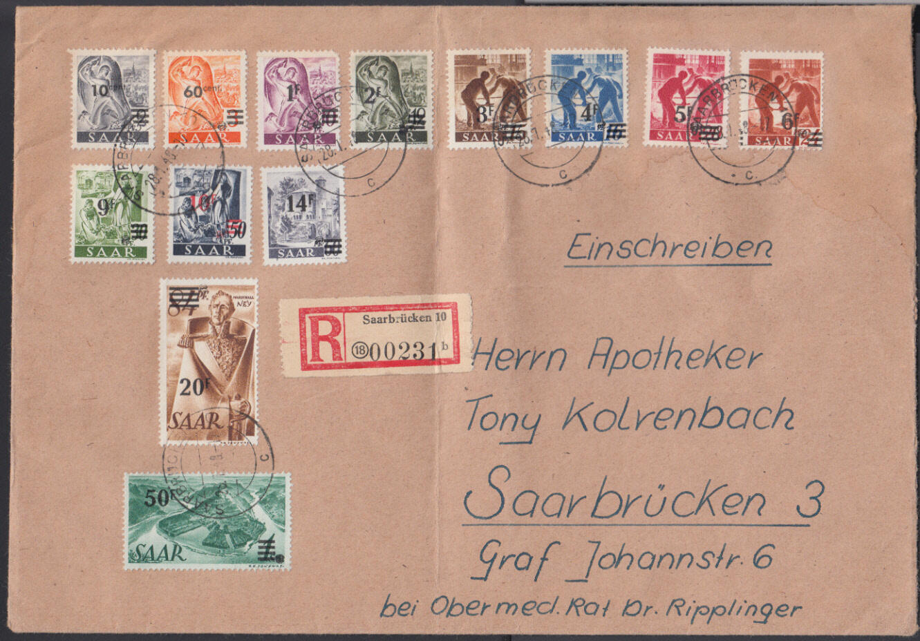 SAARBRÜCKEN 10 / 28.1.48, Orts-Ebf. 23 x 16 cm mit kpl. Satz ...