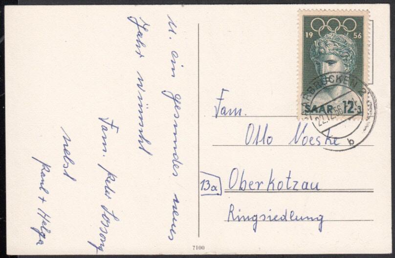 12 Fr. Olympische Spiele 1956 einzeln auf Postkarte SAARBRÜCKEN 2 / ...