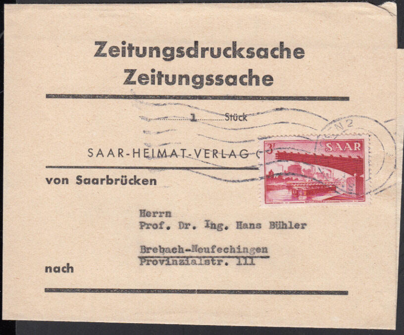 3 Fr. Heimische Bilder (Saar V) einzeln auf portor. Zeitungs- ...