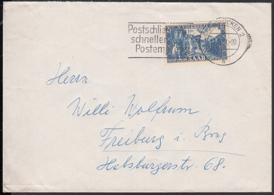 25 Fr. Volkshilfe 1950 einzeln auf portor. Brief nach Freiburg mit ...