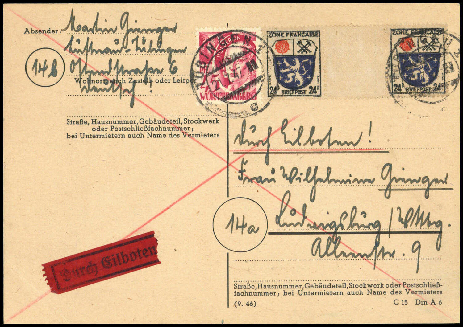 TÜBINGEN 1 / 21.7.47, Bedarfs-Eilkarte nach Ludwigsburg mit ...