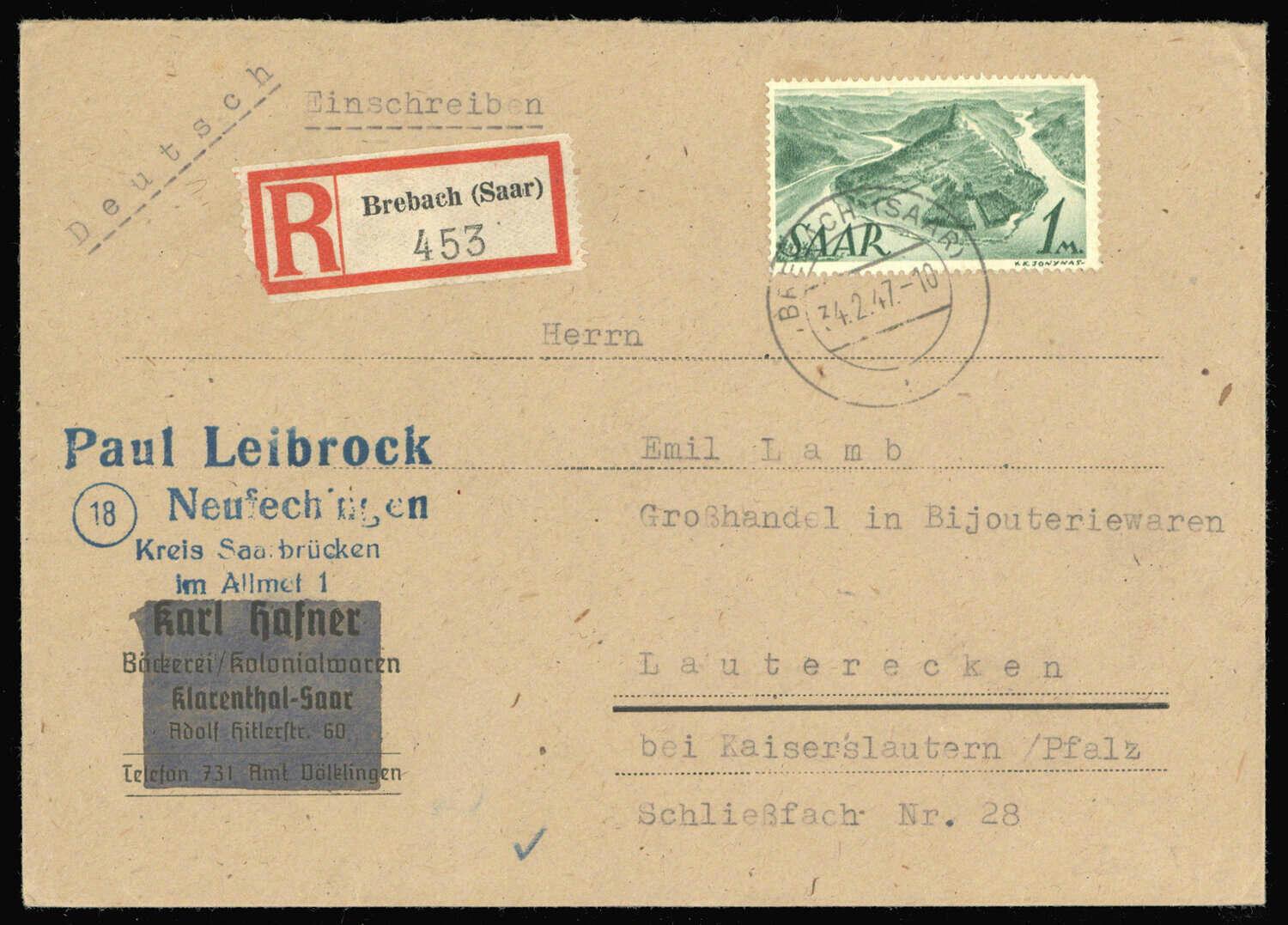 1 M. in früher Verwendung auf Bedarfs-Ebf. ab BREBACH (SAAR) / 34. ...