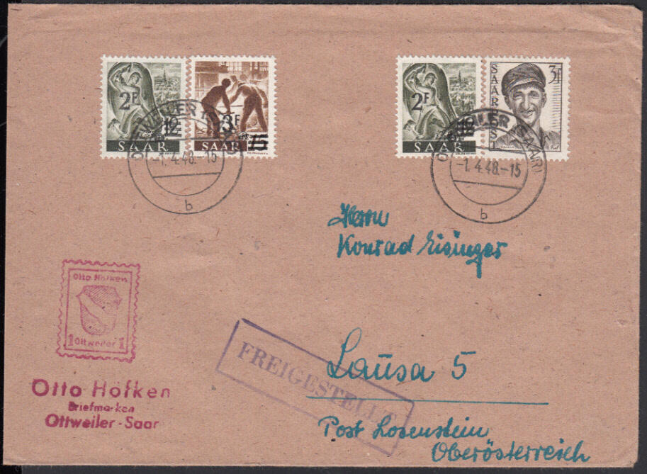 OTTWEILER (SAAR) / 1.4.48, portor. Brief nach Österreich mit R1 ...