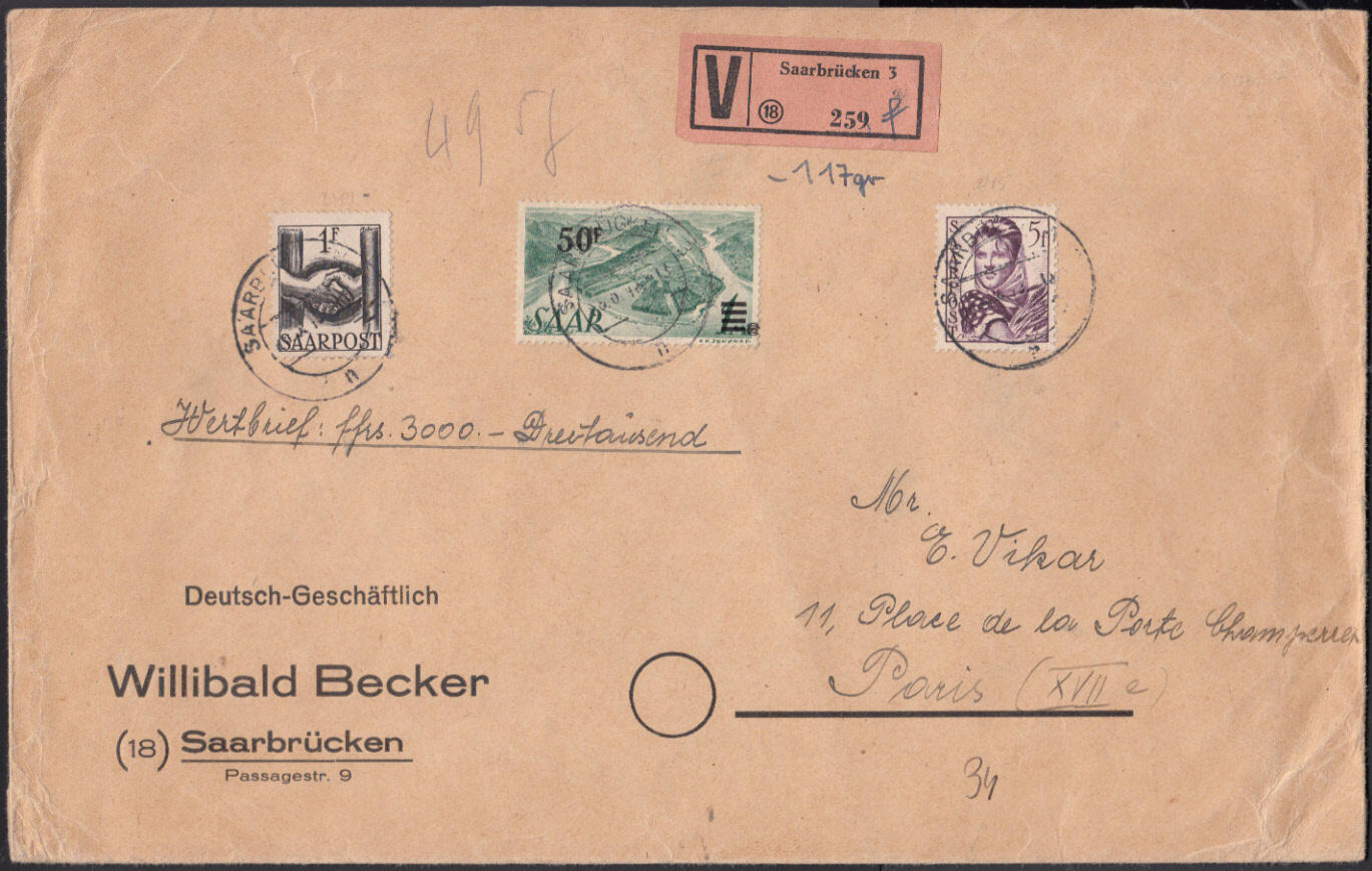50 Fr. auf 1 M. Urdruck mit 1 und 5 Fr. Saar III auf Wertbrief 117 g. ...