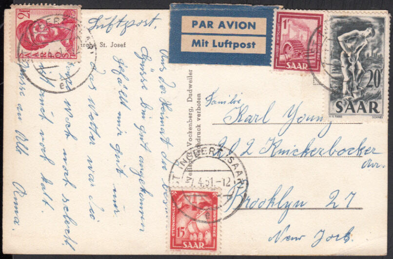 ST. INGBERT (SAAR) / 7.4.51, AK St. Ingbert per Luftpost in die USA ...