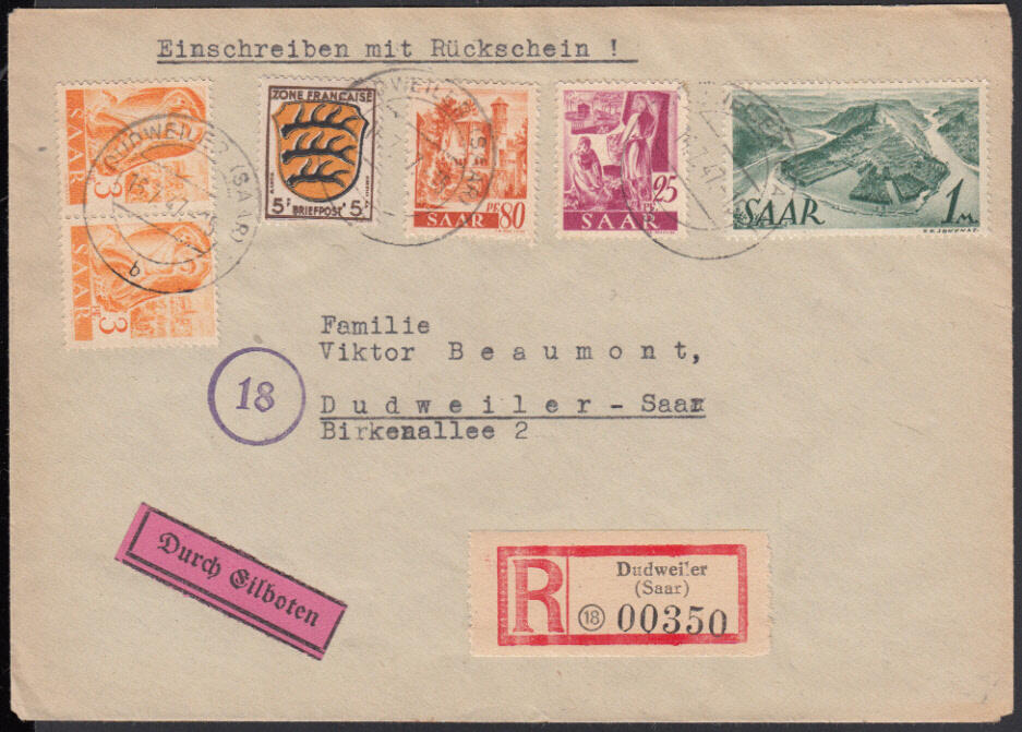 DUDWEILER (SAAR) / 16.7.47, Orts-Eil-Ebf. gegen Rückschein mit 2 x 3 ...