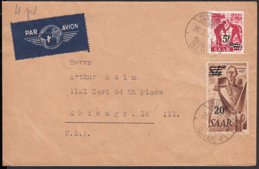 SULZBACH (SAAR) / 26.2.48, sehr früher Luftpostbrief in die USA ...