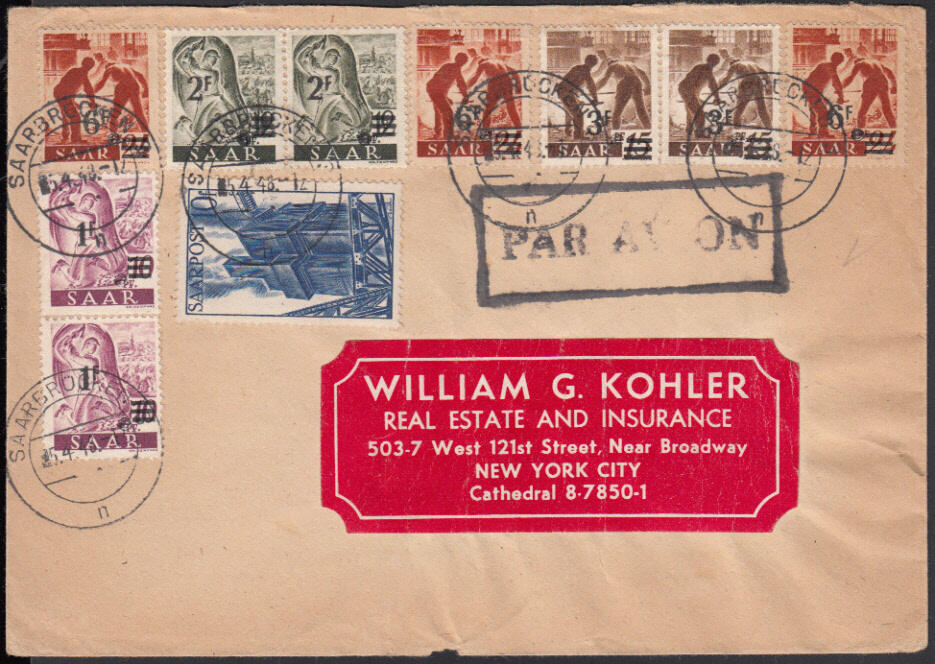 SAARBRÜCKEN 3 / 5.4.48, Luftpostbrief in die USA (Zone 2, 6 - 10 g. ...