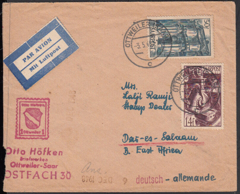 OTTWEILER (SAAR) / 3.5.48, Luftpostbrief nach Dar-Es-Salaam (Brit. ...