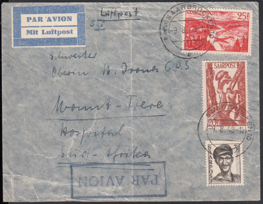 SAARBRÜCKEN 10 / 9.8.48, Luftpostbrief nach Südafrika (laut Götz ...