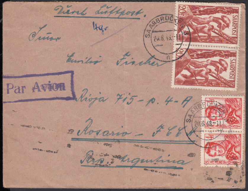 SAARBRÜCKEN 3 / 20.8.48, Luftpostbrief nach Argentinien (laut Götz ...