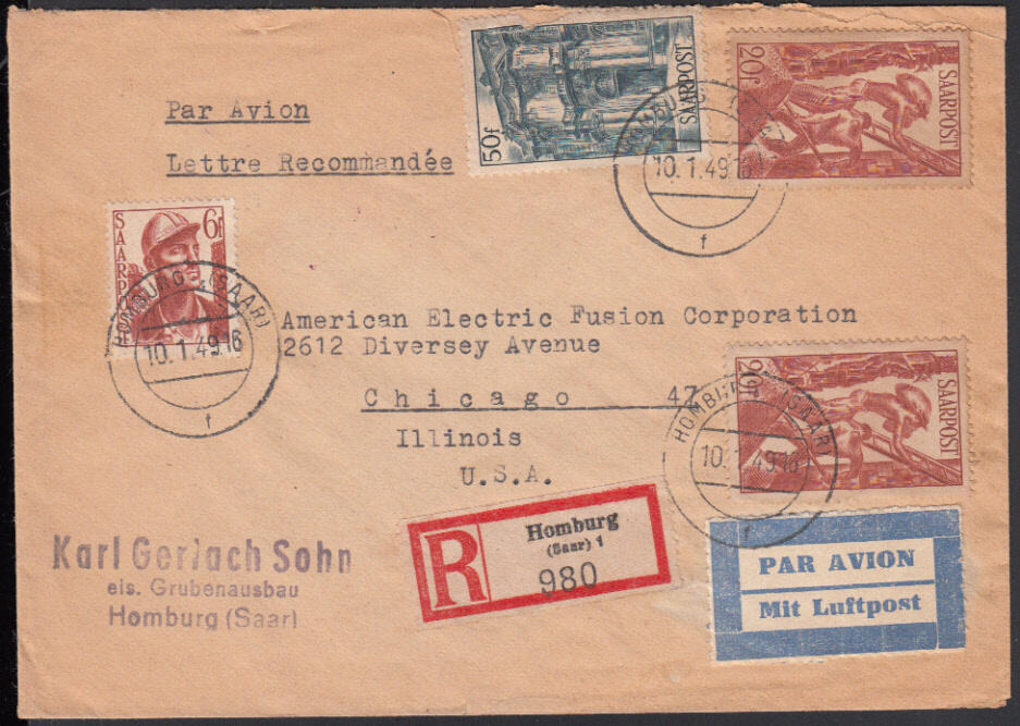 HOMBURG (SAAR) 1 / 10.1.49, Luftpost-Ebf. in die USA mit 6, 2 x 20 ...