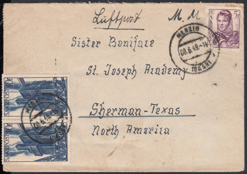 MERZIG (SAAR) / 8.6.49, Luftpostbrief in die USA (Zone 3, 11 - 15 g. ...
