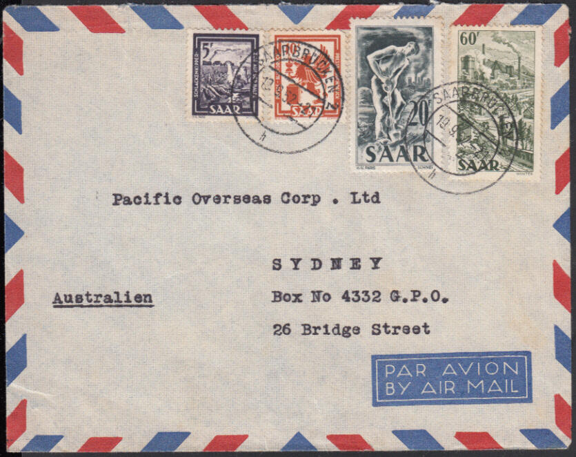 SAARBRÜCKEN 2 / 19.9.52, Luftpostbrief nach Australien (Zone 11, bis ...