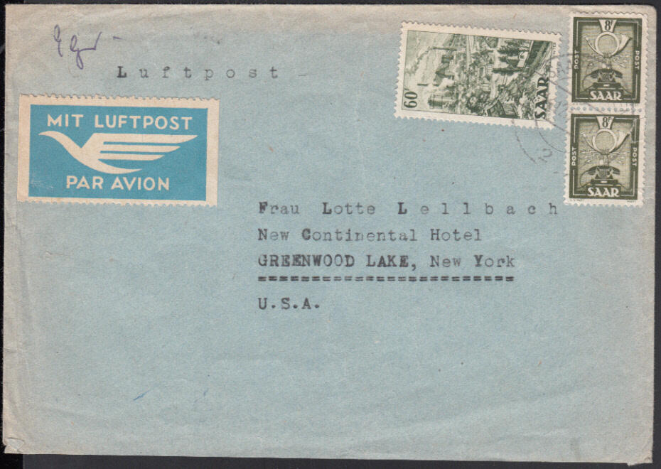 SAARBRÜCKEN 2 / 14.12.53, Luftpostbrief in die USA (Zone 3, 9 g. = ...