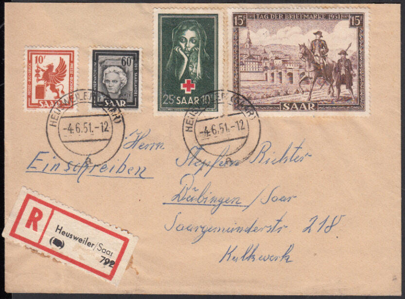 25 Fr. Rotes Kreuz 1951 mit 15 Fr. Tag der Briefmarke sowie 10 Fr. ...