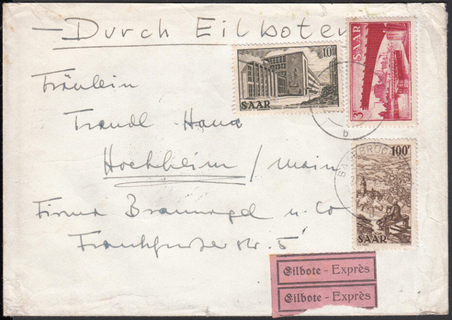 SAARBRÜCKEN / 23.2.54, Eil-Doppelbrief nach Hochheim / Hessen (30 + ...