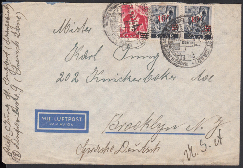 ST. INGBERT (SAAR) / 3.3.48, sehr früher Luftpostbrief in die USA ...