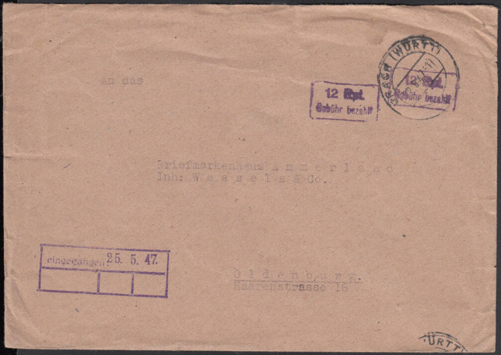 URACH (WÜRTT) / 22.5.47, viol. R2 '12 Rpf. / Gebühr bezahlt' ...
