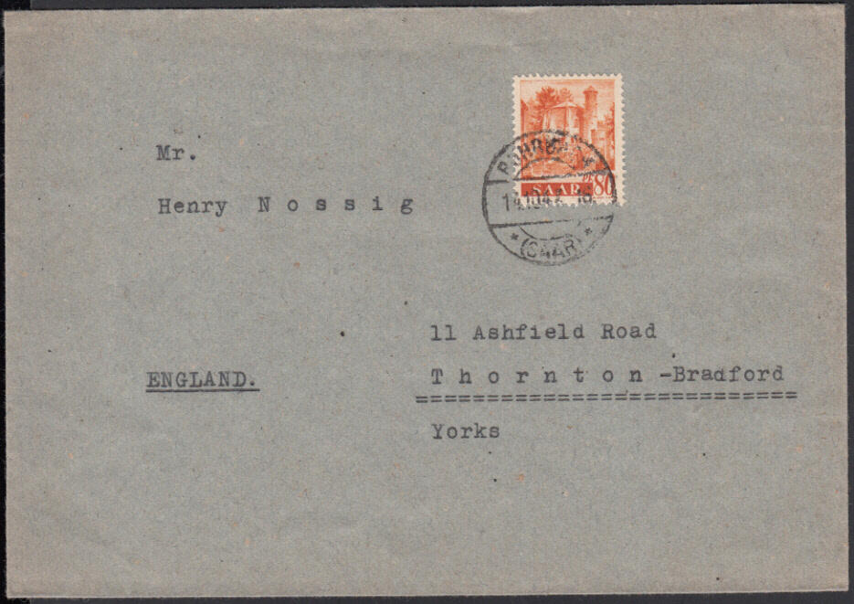 80 Pf. Saar I auf portor. Auslands-Doppelbrief mit Steg-K1 ROHRBACH ...