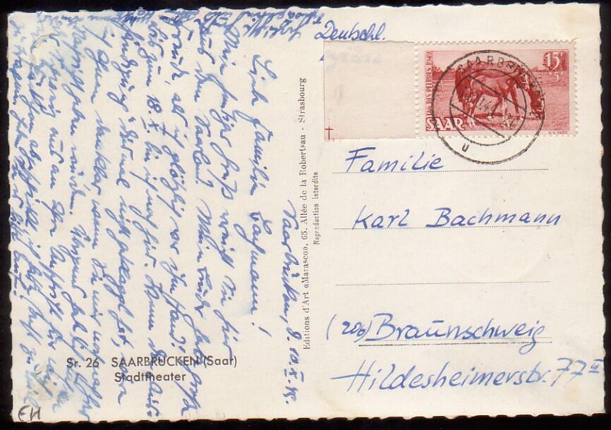 15 + 5 Fr. Tag des Pferdes 1949 als Randstück einzeln auf portor. AK ...