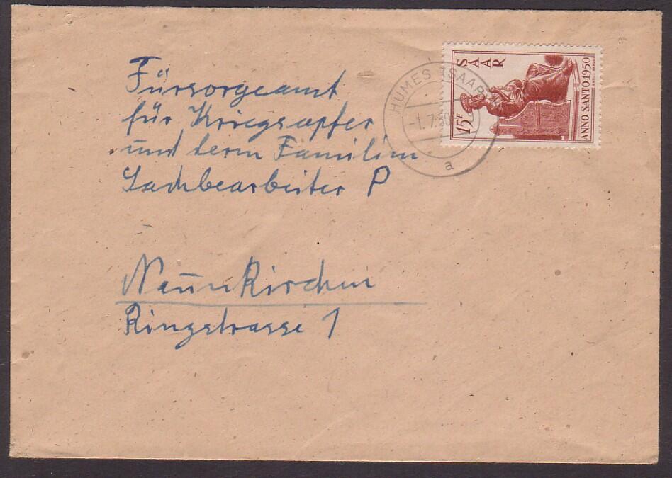15 Fr. Heiliges Jahr 1950 einzeln auf Brief ab HUMES (SAAR) / 1.7.50 ...