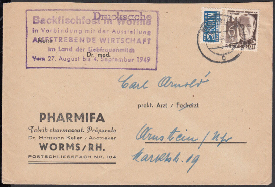 WORMS 2 / 22.7.49, Drucksache mit 6 Pf. II, NOB und violettem R5 ...